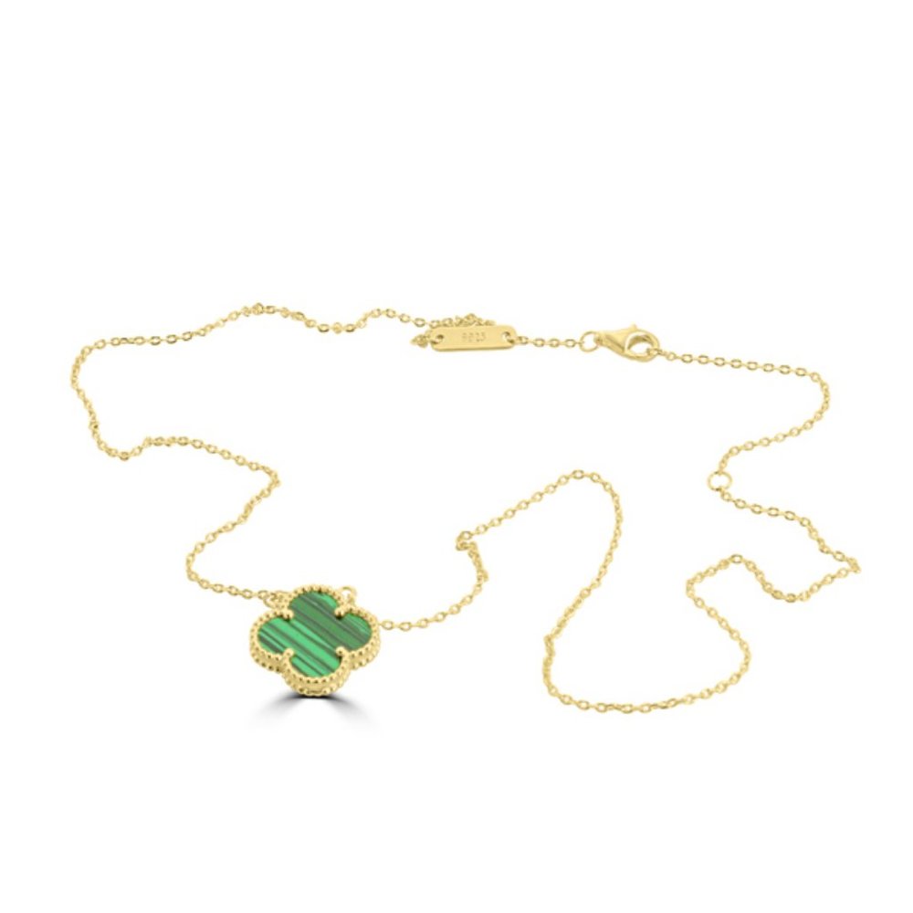 18k GP Sterling Silver Malachite Clover Necklace adjustable 16-1/2"-18"